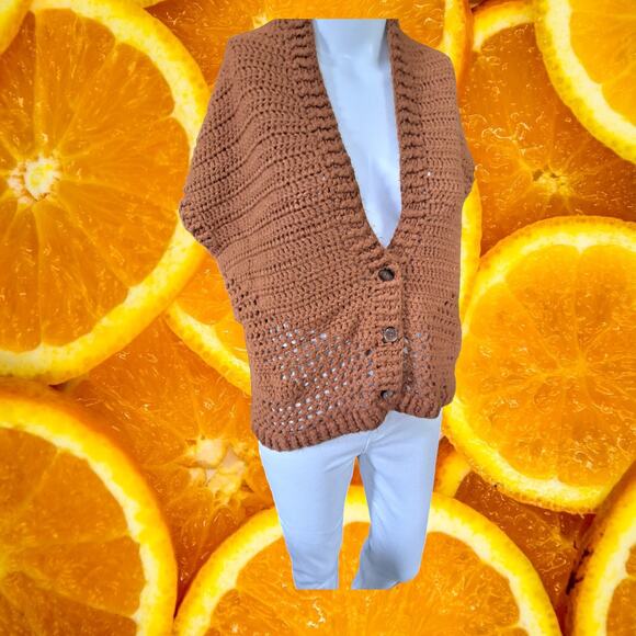 HandMade Hand Knit Orange Button‎ Up Cardigan - Picture 1 of 5